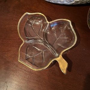 Glass leaf dish with “gold” trim. 8” by almost 7”.